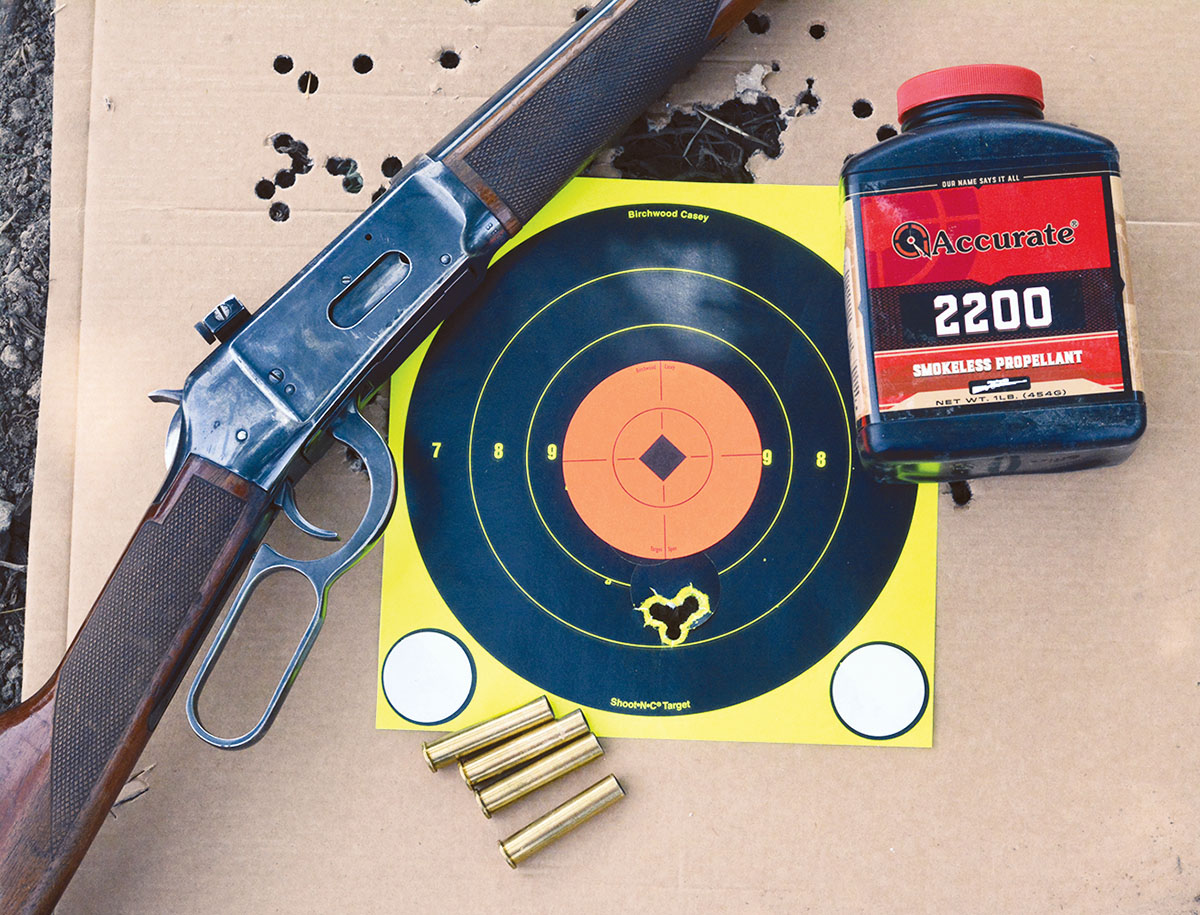 Select 375 Winchester handloads proved accurate with this four-shot group being fired at 50 yards.